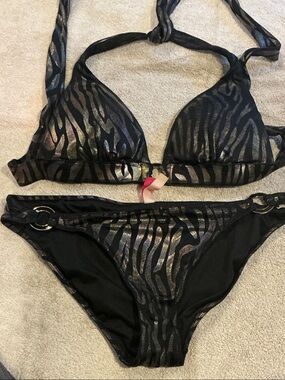 Victoria's Secret Black Shimmer Zebra-Print Halter Bikini